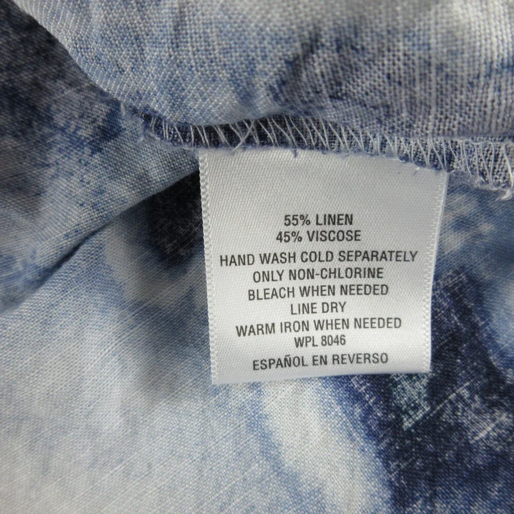 JM Collection Shirt Womens 6 Blue White Linen Blend 3/4 Sleeve Button Up
